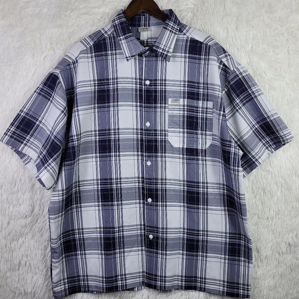 Vtg‎ Caltop 3XL Blue & White Plaid Short Sleeve Button Up 90s Cholo Lowrider